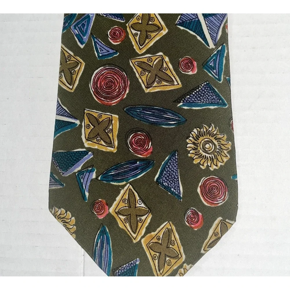John Henry Mens Silk Crepe Tie Olive Green Geometric Abstract Vintage USA Made